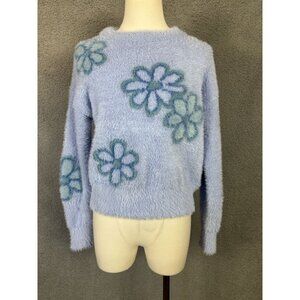 Hooked up by Iot Juniors' Women's Eyelash Floral Fuzzy Sweater Blue Small NWT's